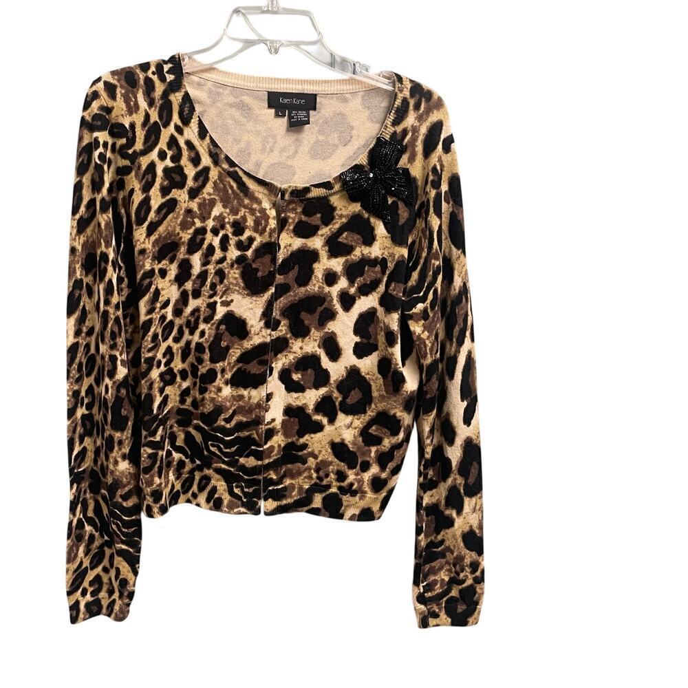 Karen Kane Cheetah Cardigan Sweater Sequin Bow Size Large Lightweight